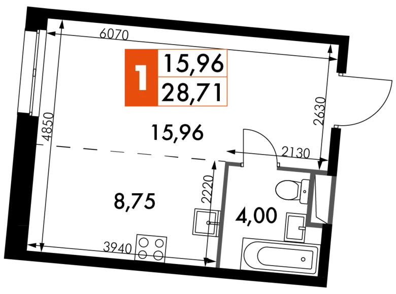 Студия 1 комната 29 м² Москва, Россия