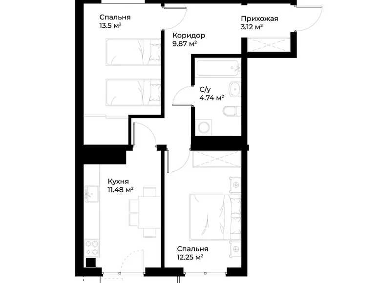 Квартира 2 комнаты 56 м² Ташкент, Узбекистан