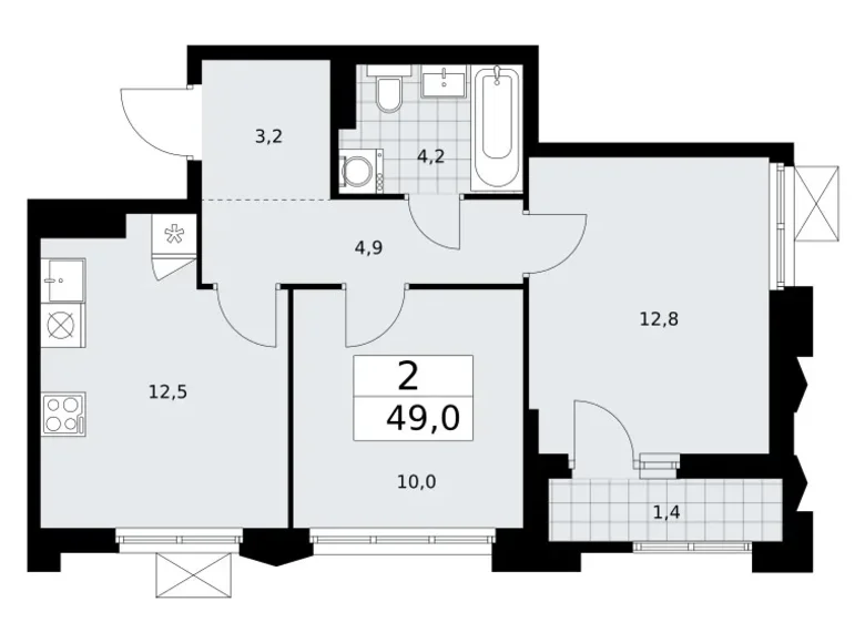 2 room apartment 49 m² Troitsk, Russia