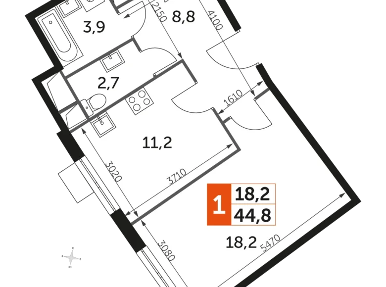 Apartamento 1 habitación 46 m² Razvilka, Rusia