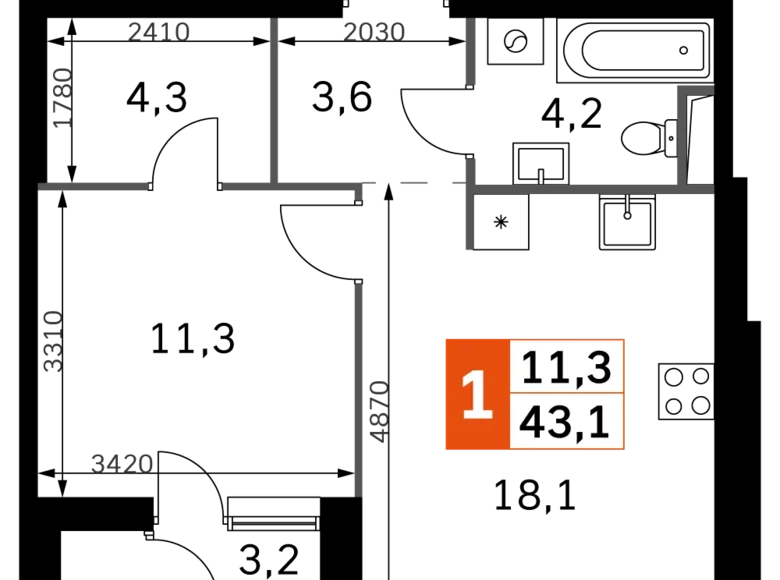 Квартира 1 комната 43 м² Москва, Россия