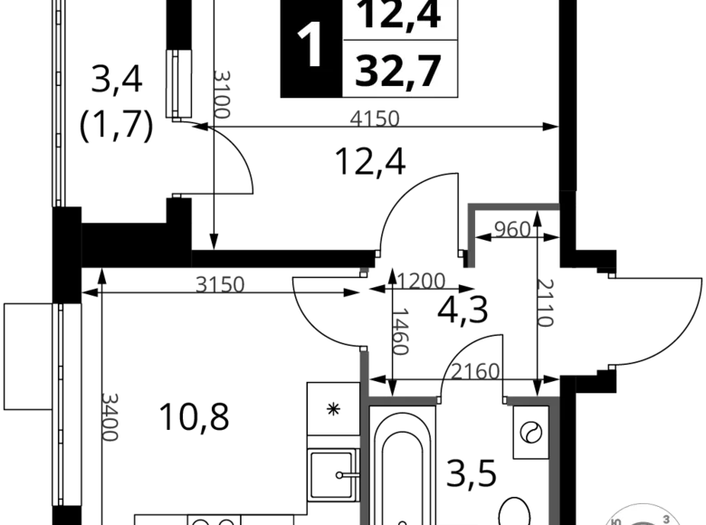 Квартира 1 комната 33 м² Химки, Россия