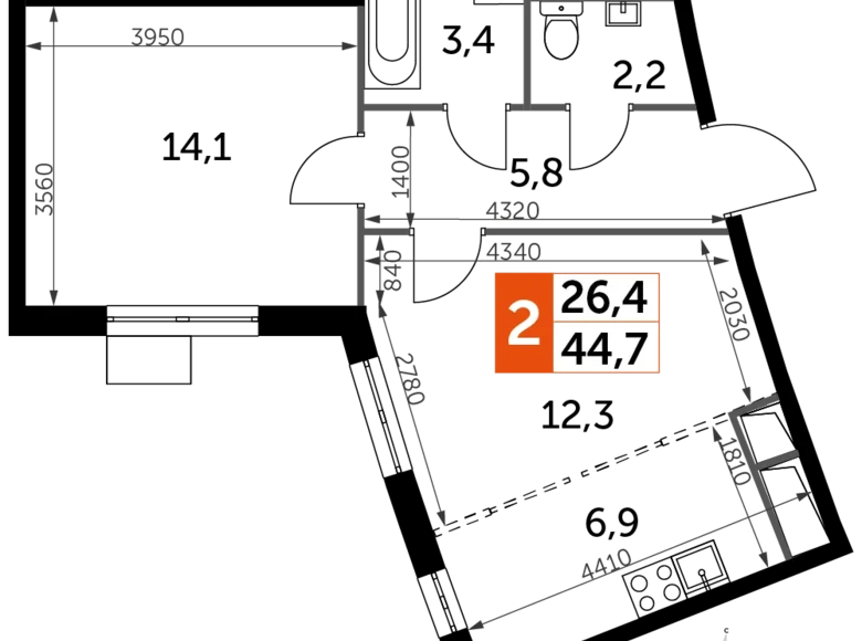 Квартира 2 комнаты 45 м² Развилка, Россия