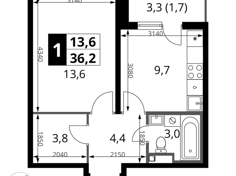 1 room apartment 36 m² Potapovo, Russia