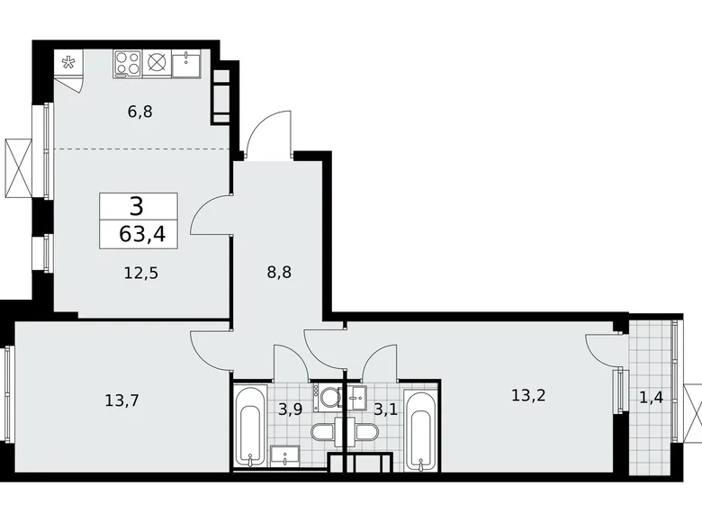 Mieszkanie 3 pokoi 63 m² Moskwa, Rosja