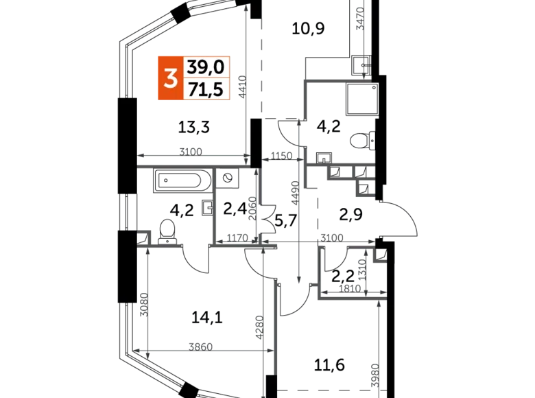 Квартира 3 комнаты 72 м² Москва, Россия