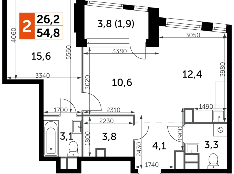 2 room apartment 55 m² Moscow, Russia