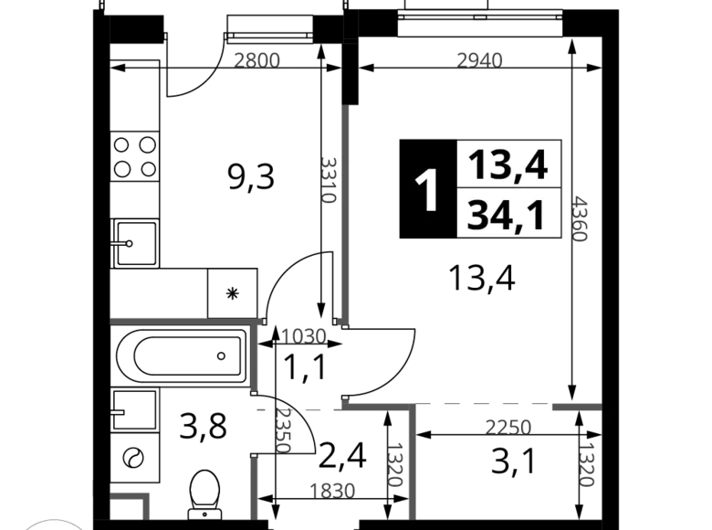 1 room apartment 34 m² Khimki, Russia