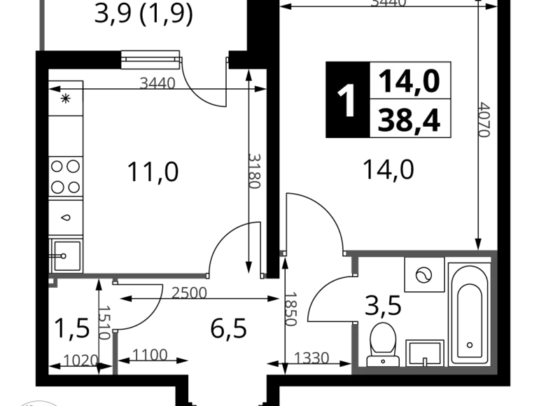 Квартира 1 комната 38 м² Ленинский район, Россия