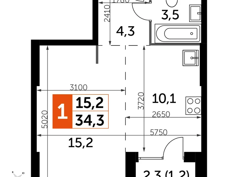 Квартира 1 комната 34 м² Северо-Западный административный округ, Россия