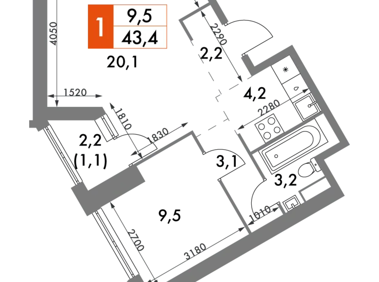 Квартира 2 комнаты 43 м² район Коньково, Россия