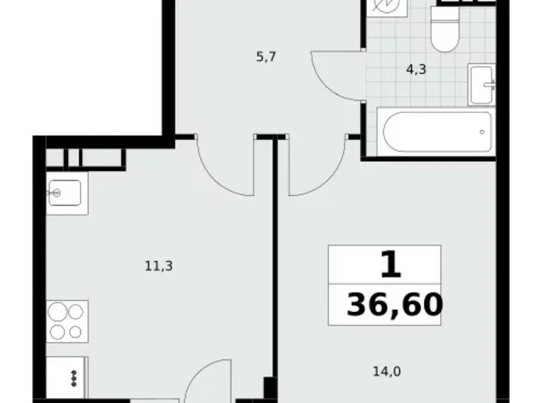 Квартира 1 комната 37 м² Postnikovo, Россия