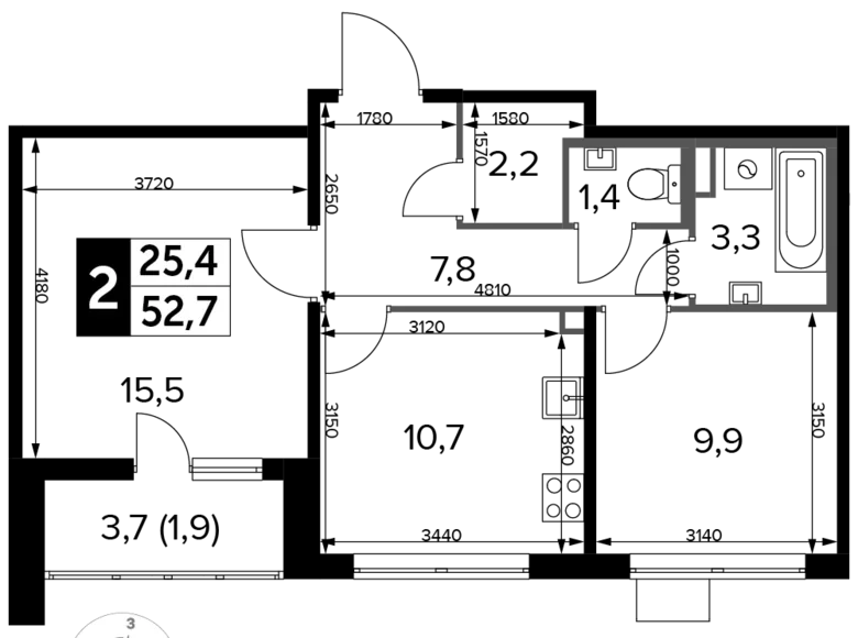 Квартира 2 комнаты 53 м² Люберцы, Россия