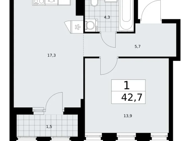Квартира 1 комната 43 м² район Троицк, Россия