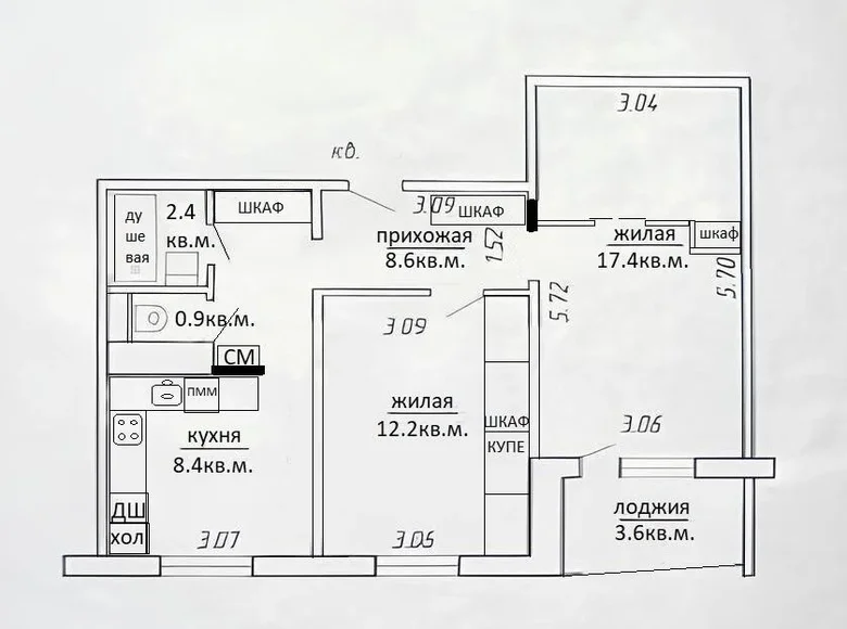 Квартира 2 комнаты 52 м² Минск, Беларусь