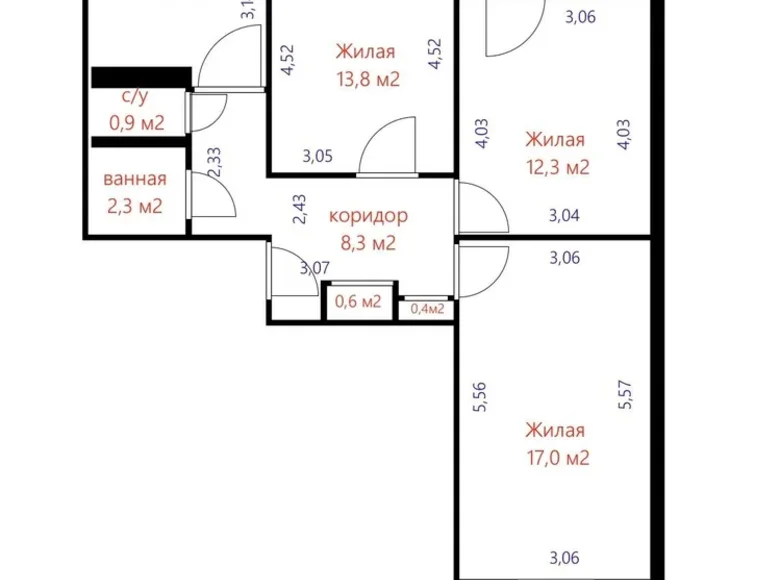 Квартира 3 комнаты 63 м² Минск, Беларусь
