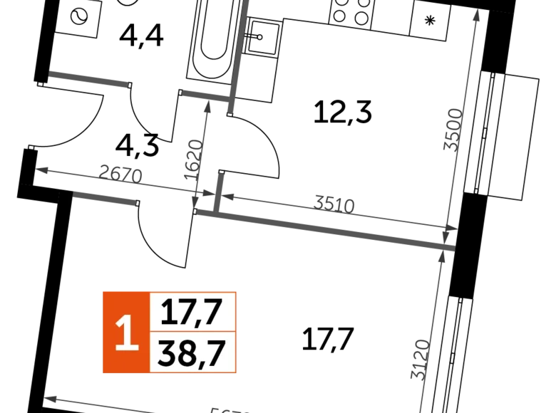 Mieszkanie 1 pokój 39 m² Razvilka, Rosja