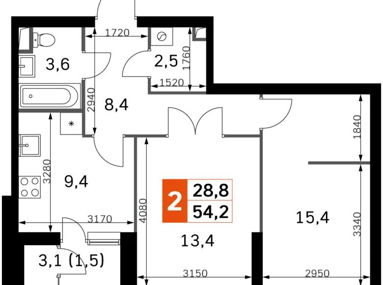 2 room apartment 55 m² Moscow, Russia