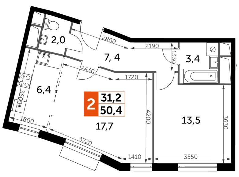 Mieszkanie 2 pokoi 50 m² Razvilka, Rosja