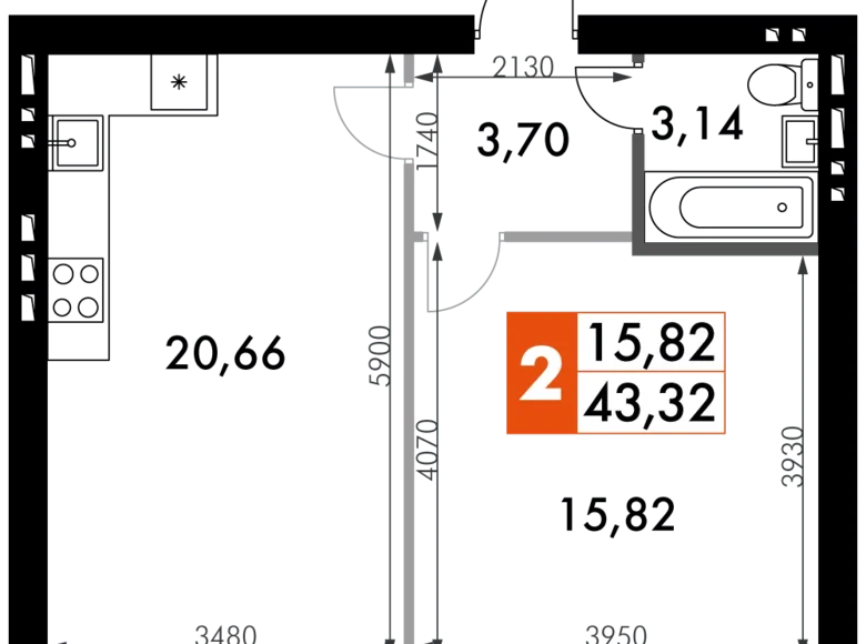 Квартира 1 комната 43 м² Наро-Фоминский городской округ, Россия