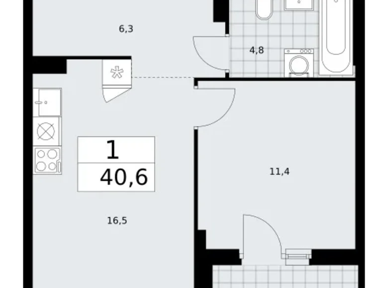 Квартира 1 комната 41 м² район Троицк, Россия
