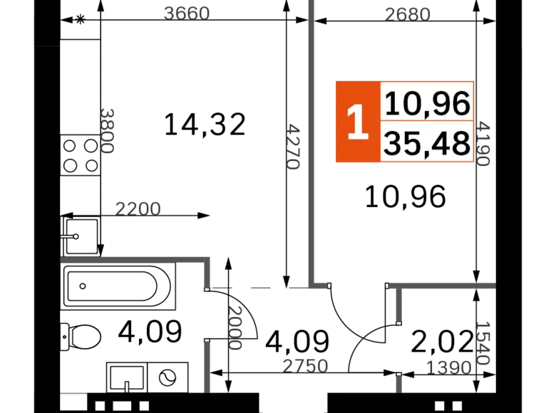 Квартира 1 комната 35 м² Одинцовский городской округ, Россия