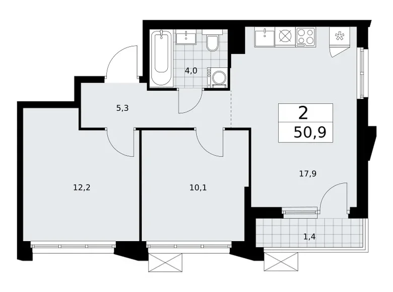 2 room apartment 51 m² Troitsk, Russia