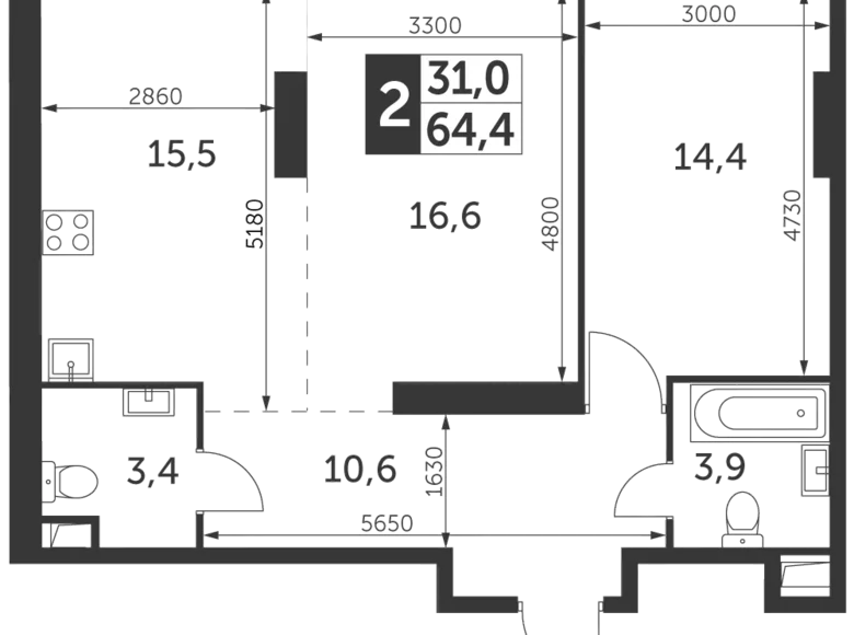 Apartamento 2 habitaciones 64 m² Konkovo District, Rusia