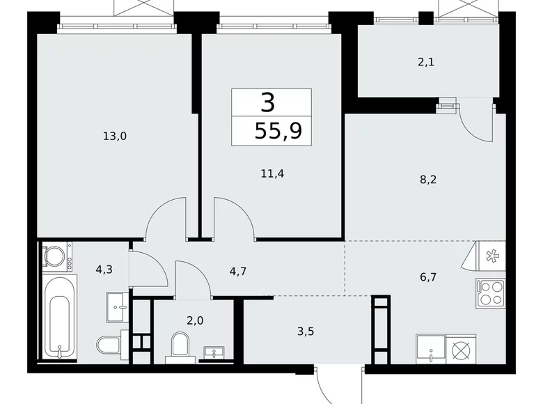 Apartamento 3 habitaciones 56 m² Moscú, Rusia