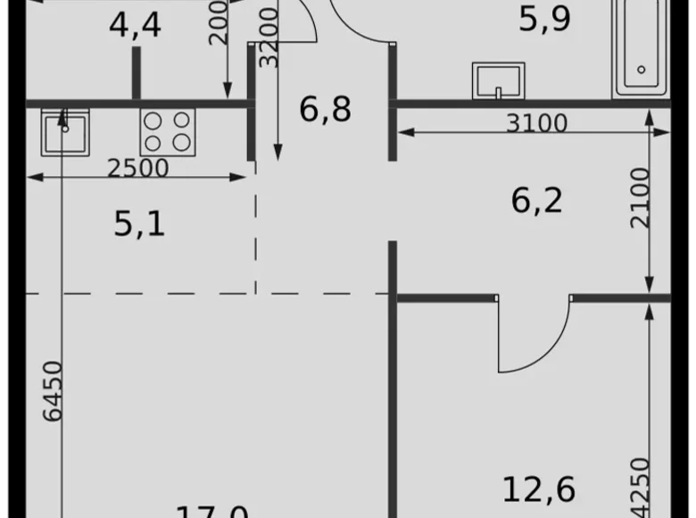 2 room apartment 58 m² North-Western Administrative Okrug, Russia