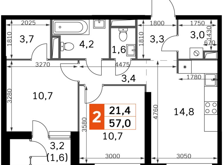 Mieszkanie 2 pokoi 57 m² Moskwa, Rosja