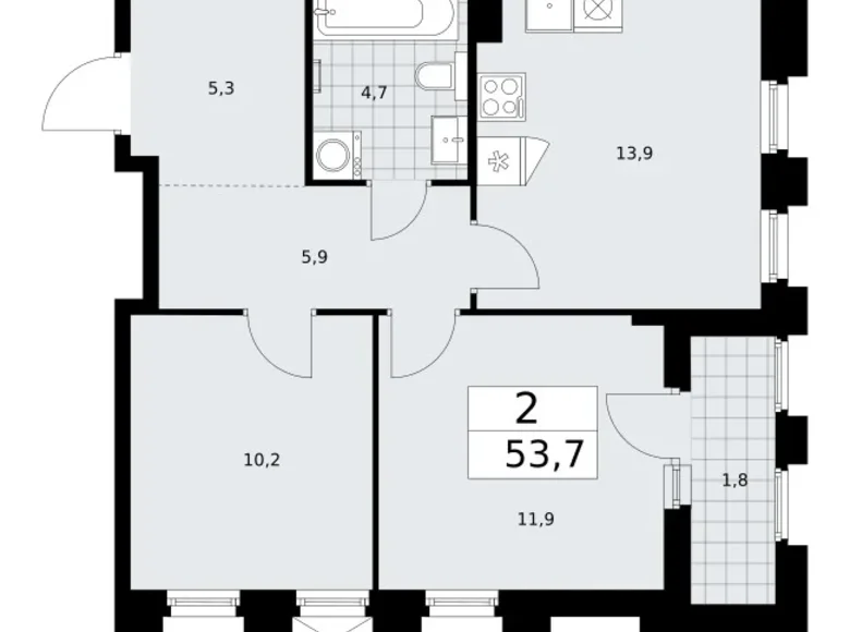 2 room apartment 54 m² Troitsk, Russia