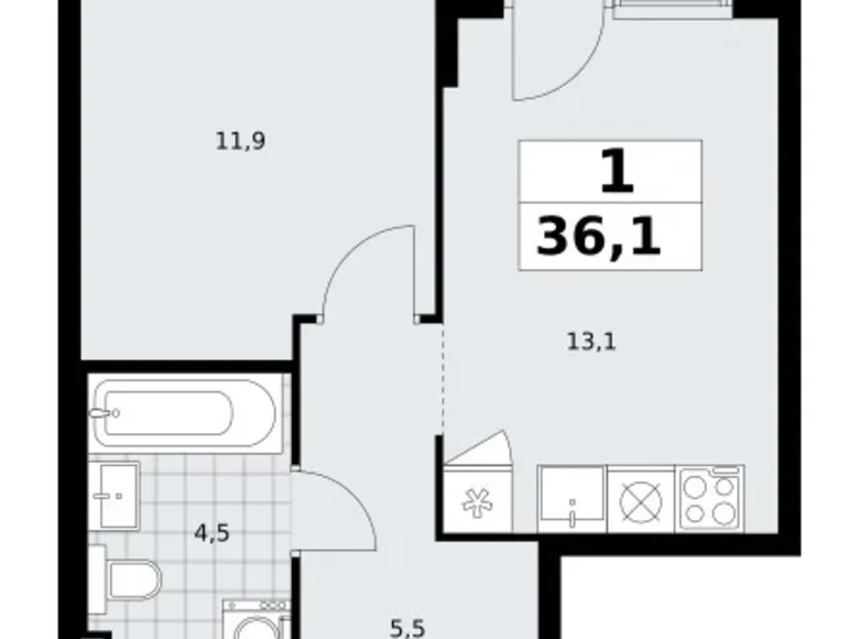 Квартира 1 комната 36 м² район Троицк, Россия