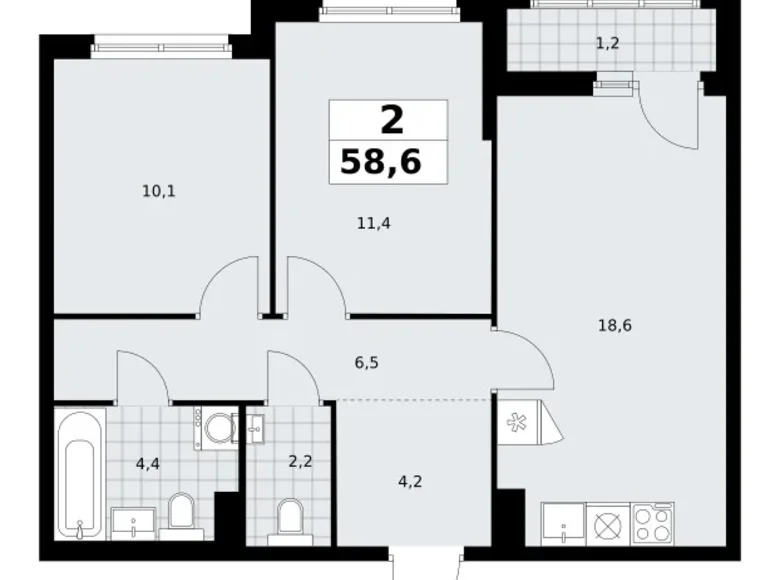 2 room apartment 59 m² Troitsk, Russia