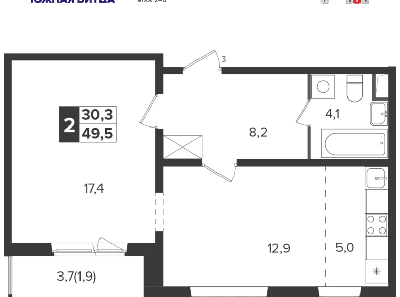 Wohnung 2 Zimmer 49 m² Moskau, Russland