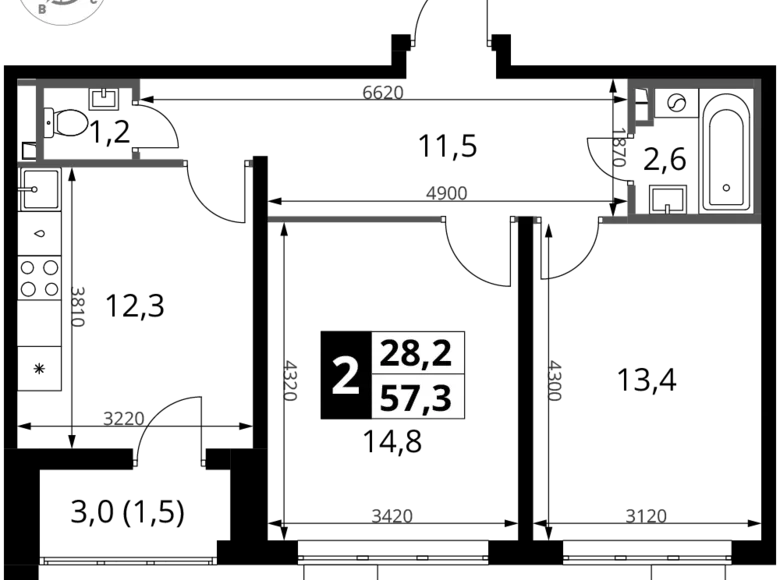 Apartamento 2 habitaciones 57 m² Potapovo, Rusia