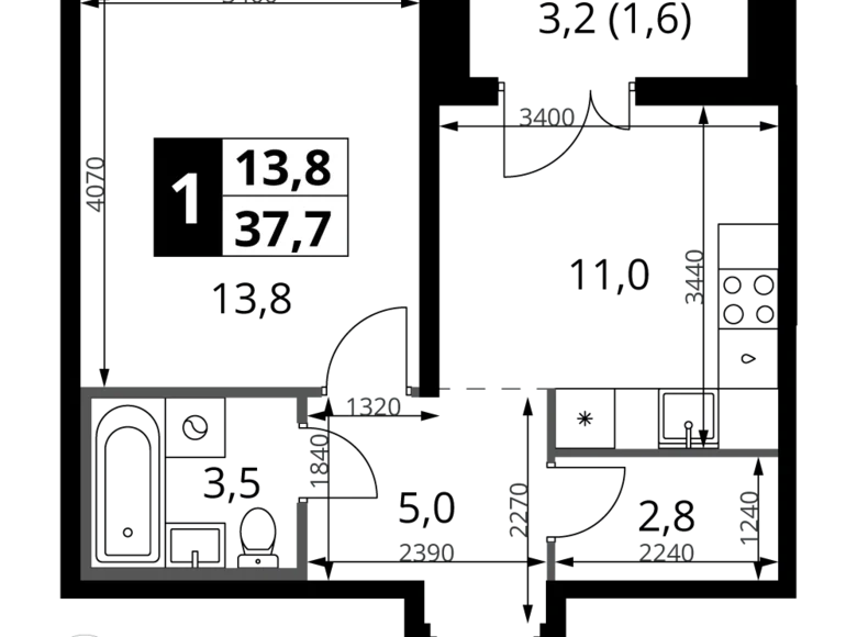 Квартира 1 комната 38 м² Ленинский район, Россия