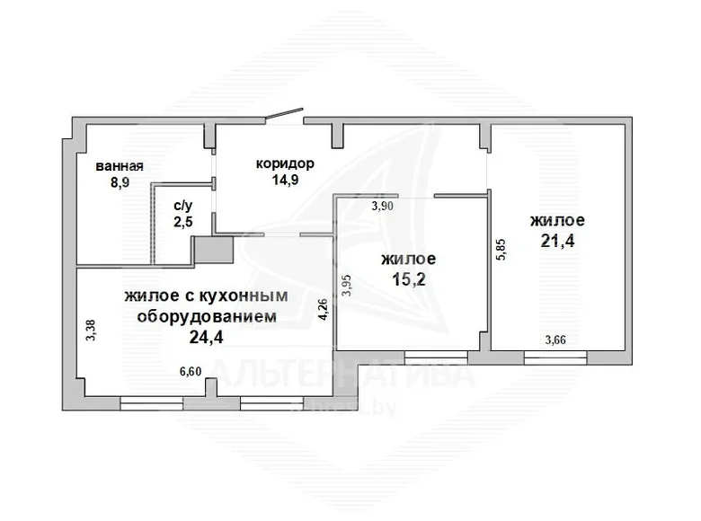 3 room apartment 87 m² Pruzhany, Belarus