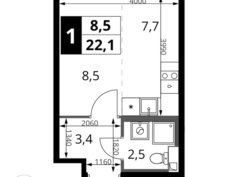 1 room studio apartment 22 m² Khimki, Russia