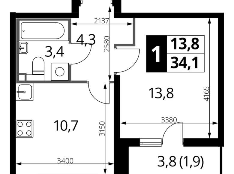 Mieszkanie 1 pokój 34 m² Nekrasovka District, Rosja