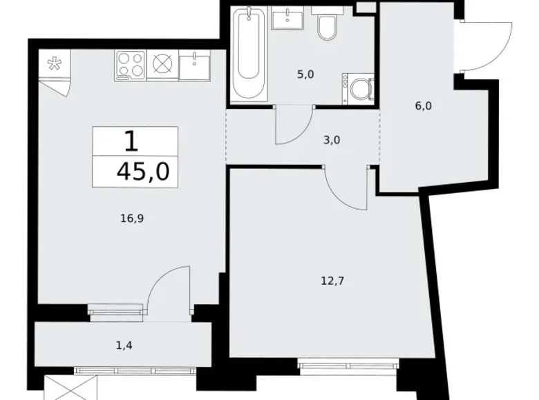 1 room apartment 45 m² Troitsk, Russia