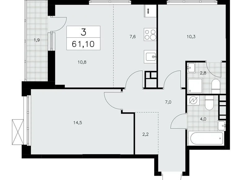 3 room apartment 61 m² Moscow, Russia