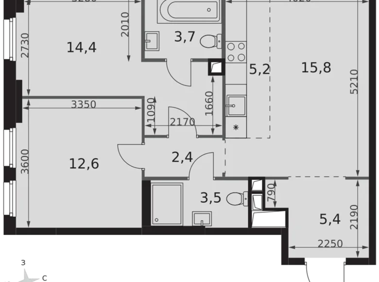 3 room apartment 63 m² Moscow, Russia
