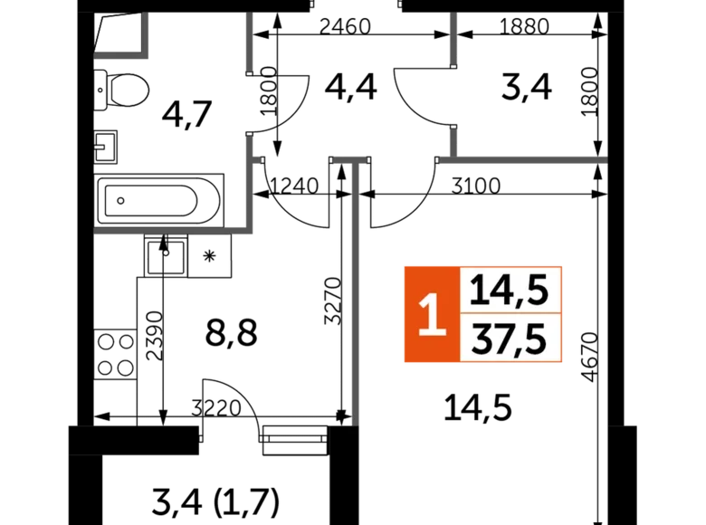 Квартира 1 комната 38 м² Развилка, Россия