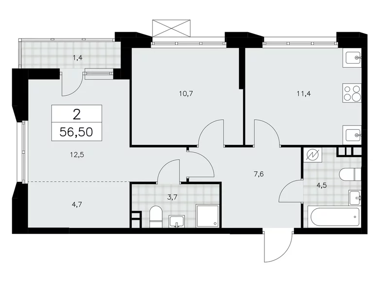 2 room apartment 57 m² Moscow, Russia