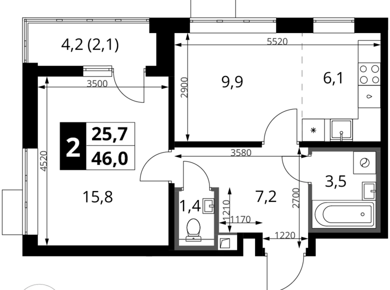 Mieszkanie 2 pokoi 46 m² Chimki, Rosja