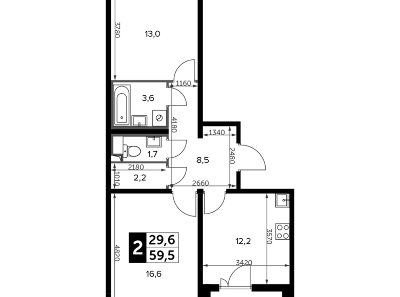 2 room apartment 60 m² Leninsky District, Russia