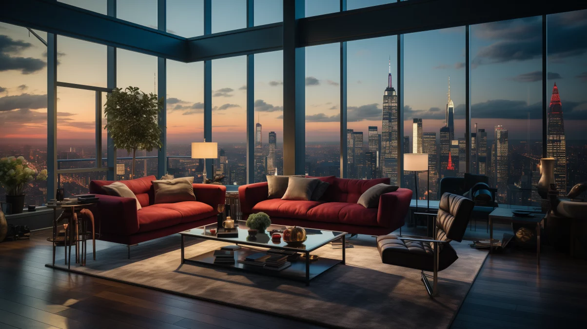 Red sofas in a penthouse living room