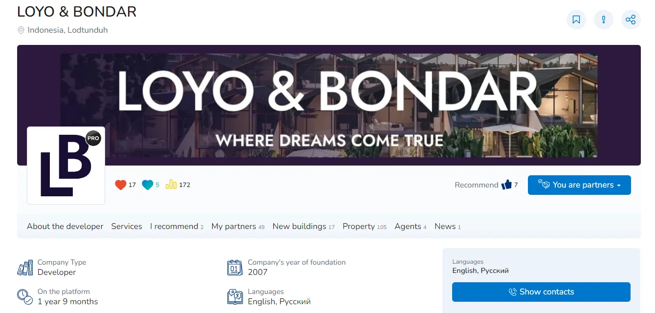 developer's company page on Realting with high rating and likes