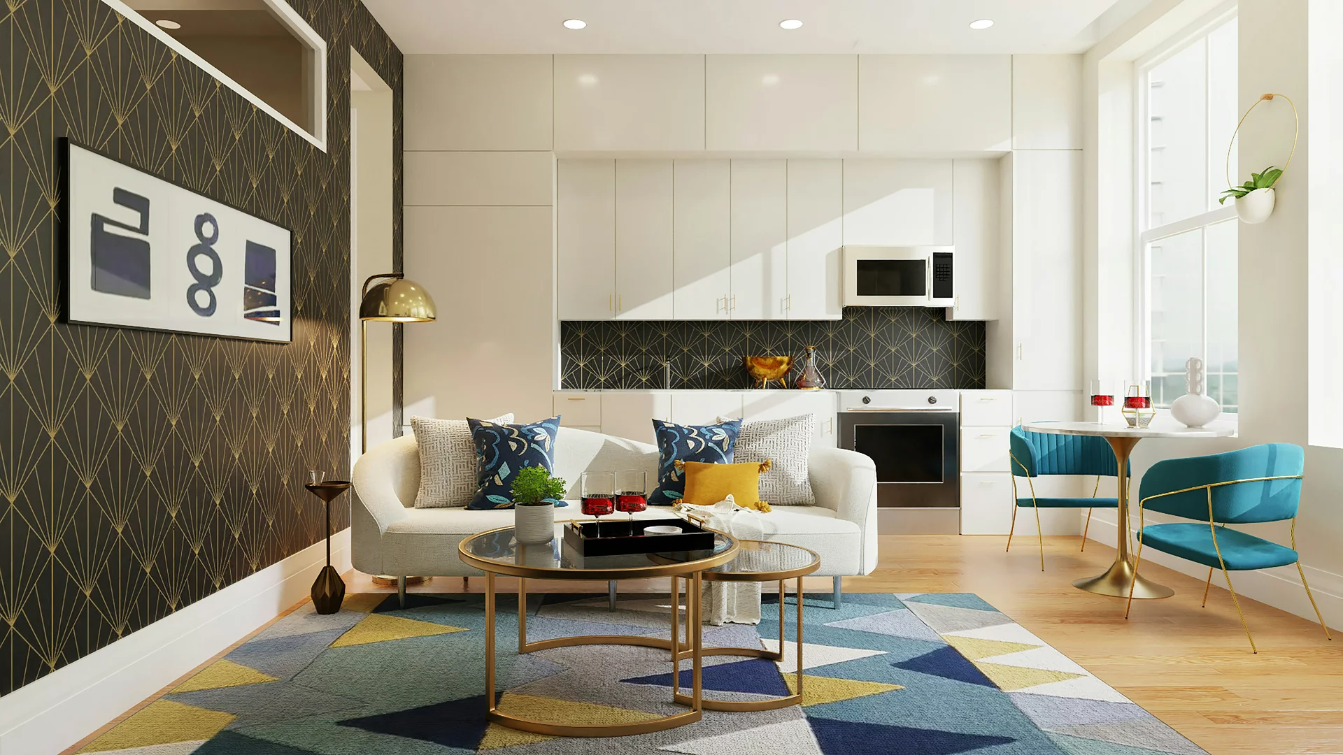 Bright kitchen and small light sofa with bright decorative elements in a studio apartment